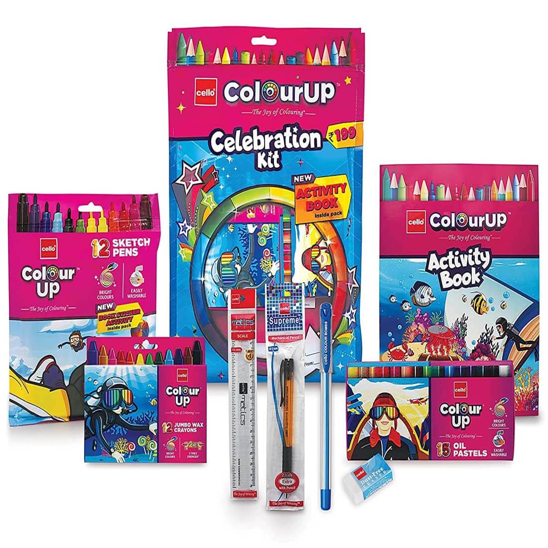 Cello ColourUP Celebration Kit Mega Gift Pack, Kids Colouring Set, 1 Gel  Pen, 12 Crayons, 15 Oil Pastel Colouring Set, 12 Sketch Pens, 1 Eraser